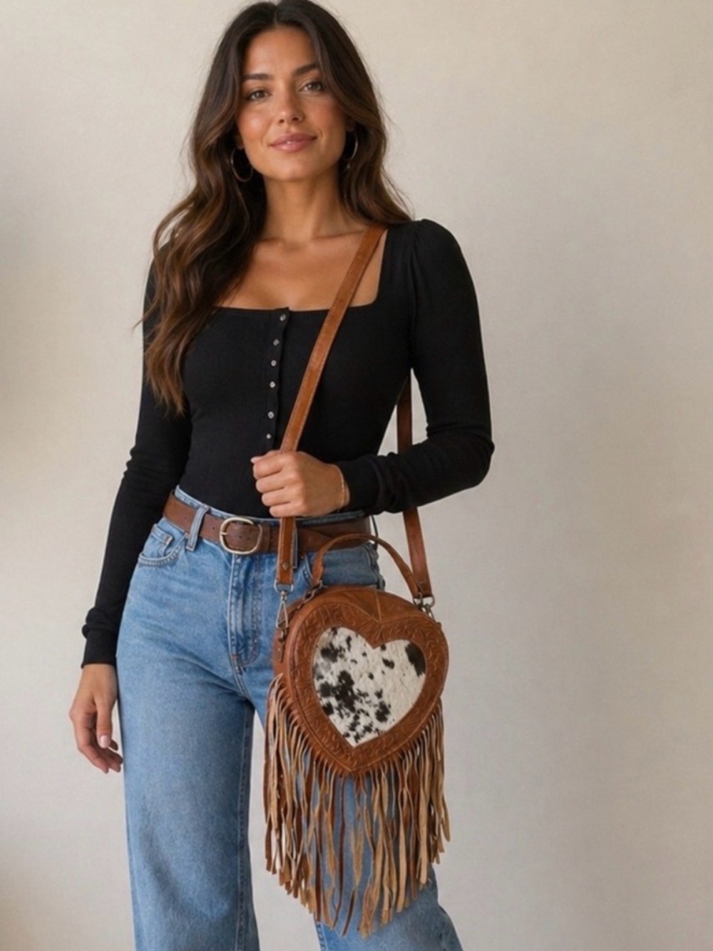 Corazon Cow Vaquero Heart Shaped Handbag, Leather Hand-Tooled. Handmade.